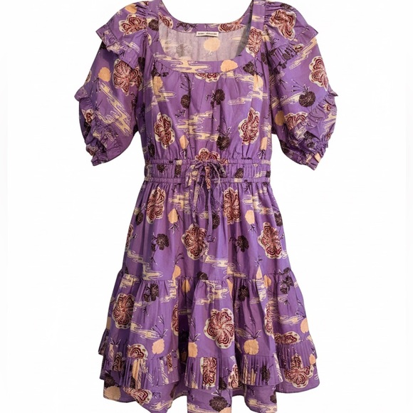 Adorable! Ulla Johnson Naomi Purple Floral Zinnia Mini Ruffle Cotton Dress - Picture 2 of 8